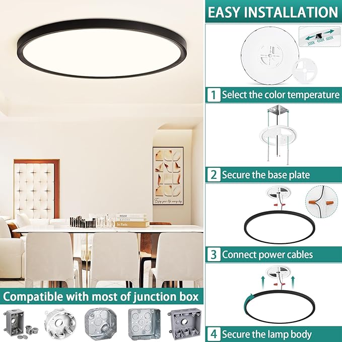 20 Inch LED Flush Mount Ceiling Light Fixture,Dimmable Ultra Thin Round Ceiling Light,40W 4000 Lumens,3 Color Temperatures 3000K 4000K 6000K,Black,for Kitchen Dining Room Bedroom Office