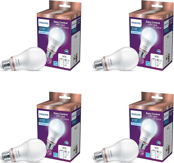 Philips Smart 60W A19 Daylight LED Bulb 4-Pack - E26- Indoor - Connects to Your Existing Wi-Fi - Control with Voice or App - Powered by WiZ Connected