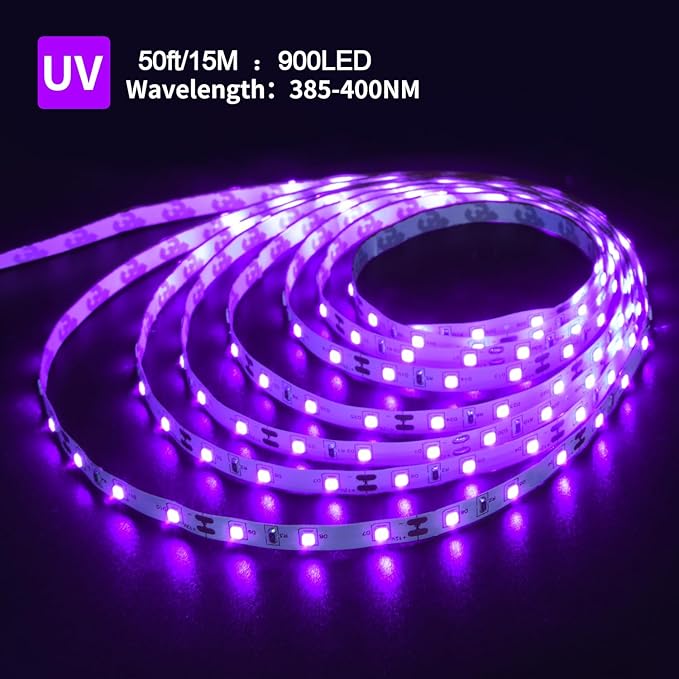 Ontesik 50ft LED Black Light Strip kit, 12V LED UV Blacklight, 900 LED Suitable for Family bedrooms, Party, Halloween, Dark Parties, Game Rooms, murals, Curing Tables, not Waterproof