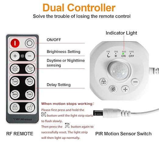 SUPERNIGHT Dimmer Switches for Led Lights, Pir Motion Sensor Switch for COB SMD5050 2835 Strip, DC 5-24V Dimming Controller with Remote for Gun Safe, Kitchen Cabinet, Pantry, Closet led Lighting