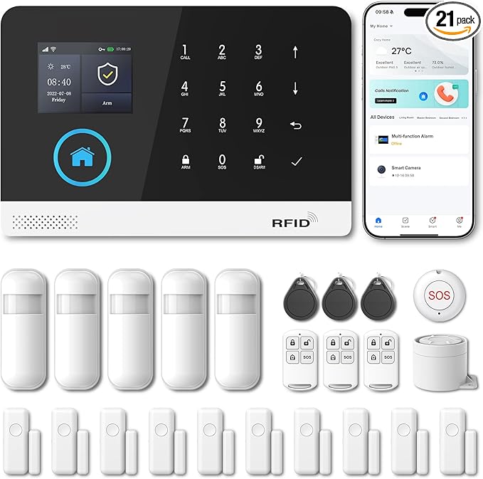 PGST Home Security Systems for House, Wireless Home Security Alarm System, Door/Window Sensor Motion Sensors with App Alert, WiFi+GSM 4G Home Alarm System No Subscription（103-F）