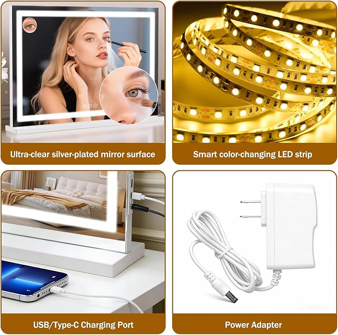 Vanity Mirror with Lights 32"x22", LED Makeup Mirror, 3 Color Lighting Modes, 10X Magnification, Smart Touch Control, Dimmable, Aluminum Metal Frame, Lighted Up for Vanity Desk (White)