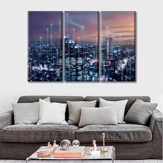 TUMOVO 3 Panel Modern City with Wireless Network Connection Canvas Wall Art Abstract Futuristic PCB Pattern Pictures Wall Decor for Living Room Framed Ready to Hang (36" Wx24 H)