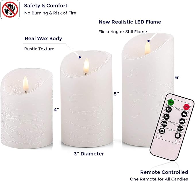 VENTA Set of 3 White Pillar Candles | Real Wax Battery Operated Flickering LED Candles with Remote | Timeless Decor for Farmhouse, Modern & Mantel Displays