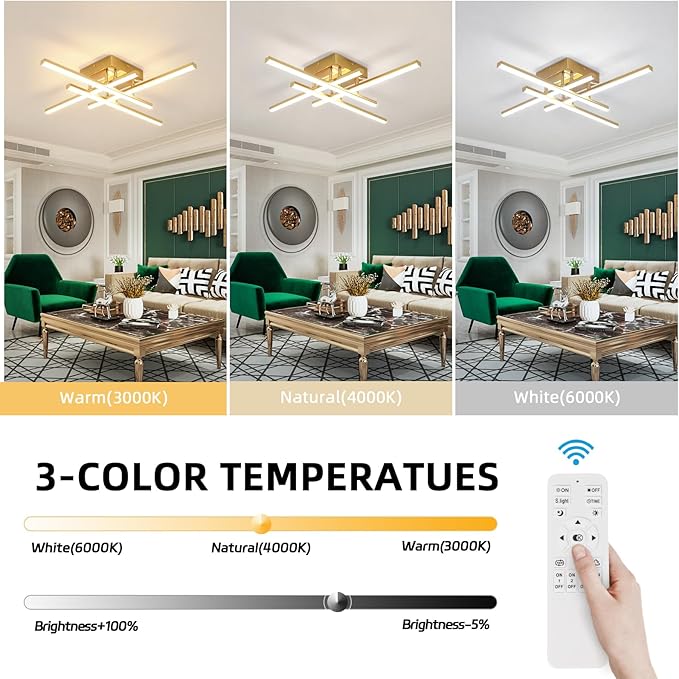 CANEOE Modern Ceiling Light Fixture, Gold Dimmable Close to Ceiling Light with Remote Control,Sputnik Flush Mount Ceiling Lamp for Bedroom Living Room Kitchen Modern Chandelier Light Fixture Ceiling