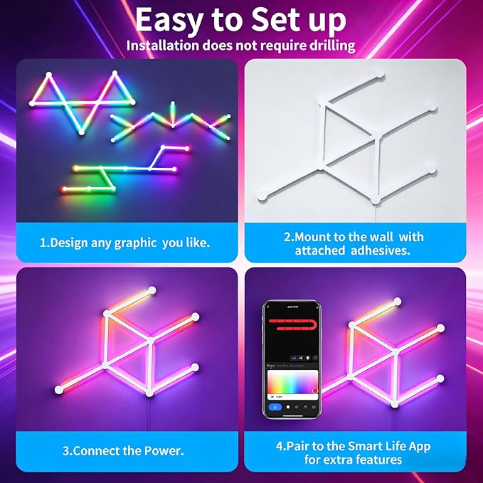 Smart WiFi Wall Light, DIY Geometry Splicing Gaming Lights Compatible with Alexa and Google Assistant, Music Sync & Voice Control, LED Wall Lights for Home Decor & Game Room, Bedroom (9 Lines, White)