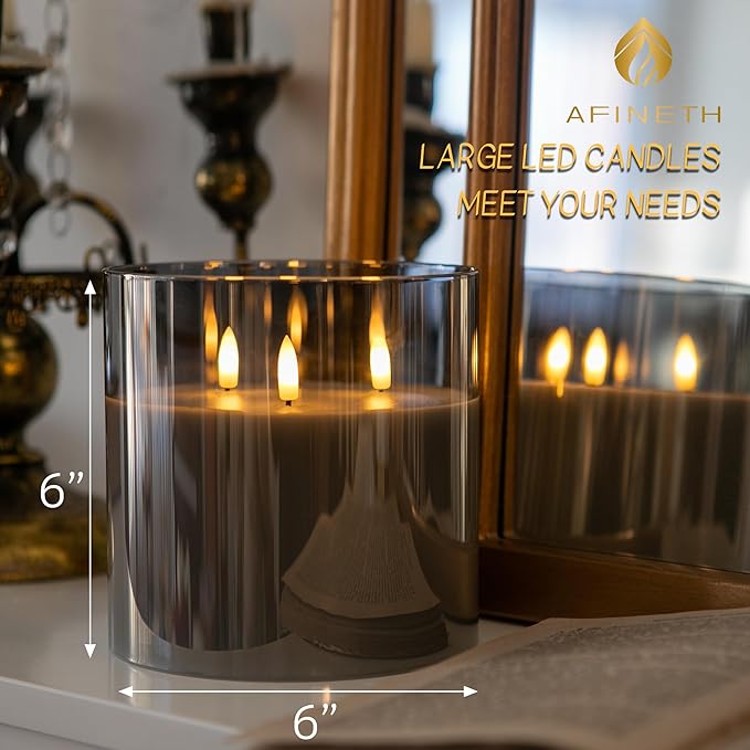 Extra Large Flameless Candles with 3 Wicks, 6"x6" Glass Battery Operated Candles with Remote, Real Wax Flickering LED Candles Fake Candle for Home, Wedding, Party, Gray