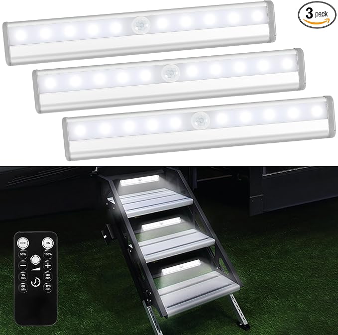 3 Pack Remote Control RV Step Lights, 10 LED Battery Operated Motorhome Light Strip, Magnetic Night Light Bar for Motorhome Travel, Trailers, Camper (White Light)