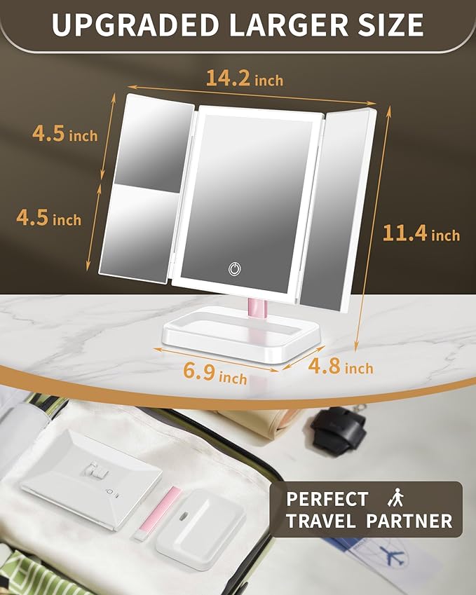 2 Pack for Mom Makeup Mirror Vanity Mirror with Lights, 14.4" L x 9.1" W Rechargeable Lighted Mirror with 1X 2X, 3X, Magnification