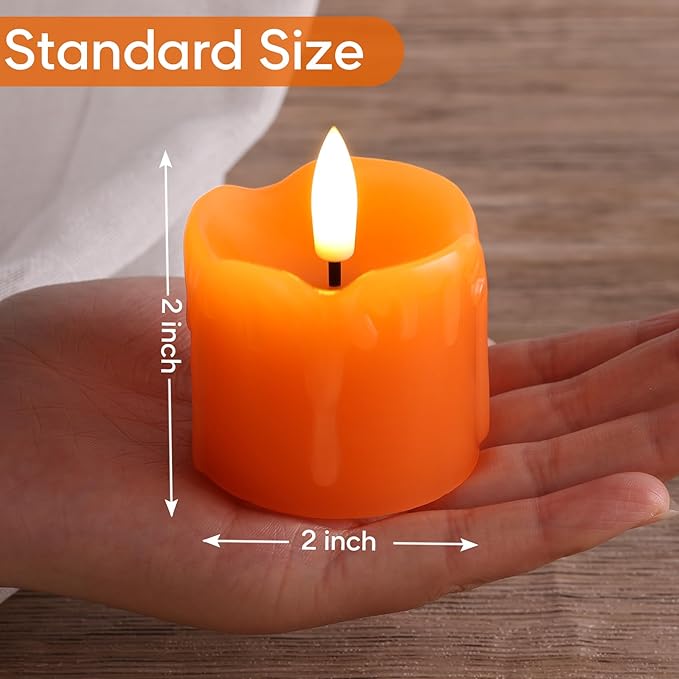 Eywamage Orange Dripping Wax Flameless Votive Candles with Remote Batteries, 2x2 inch Small LED Pillar Candles Set of 6