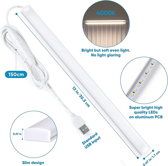Litever Under Cabinet Lighting with USB Power for Kitchen Counter, Workbench, Coffee Station, Workspace, Closet. Adapter, Dimmer, 12 Inch LED Light. Cool White 4000K