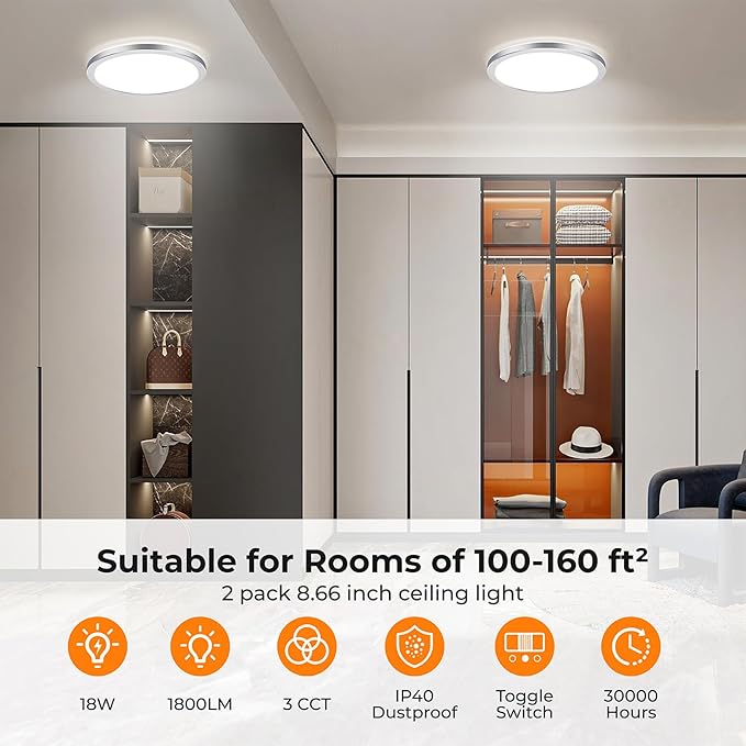 BLNAN LED Flush Mount Ceiling Light Fixture, Super Slim 9 Inch LED Ceiling Light, 3000K/4000K/5000K 3 Color Selectable Ceiling Lamp - Round Flat Light Fixture for Kitchen Bathroom Shower