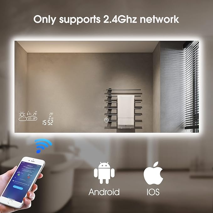 BYECOLD Smart Bathroom Mirror with Bluetooth Wi-Fi Enabled Weather Display, 48”X 24” Fog Free, LED Light Vanity Mirror Backlit Frameless Lighted Touch Sensor Makeup for Wall - Horizontally Hang Only