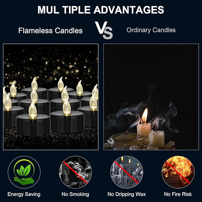 Hanzim Battery Operated LED Tea Lights: 12PACK Flameless Votive Candles Lamp Realistic and Bright Flickering Holiday Gift Long Lasting 200Hours for Seasonal & Festival Celebration Black