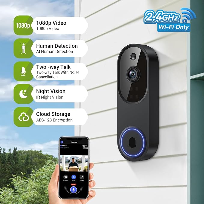 1080P Wireless Video Doorbell Camera, Outdoor Surveillance Cameras, FHD Live View, Cloud Storage, AI Human Detection, Instant Alert, Night Vision, Two Way Audio, 2.4G WiFi Only