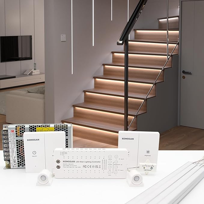 Motion Sensor with Daylight Sensor LED Stair Light Kit KMG-4233, Multiple Functions with Switch Panel Control, 23.6 Inches Light Bar for Indoor Use (Cool White 6000K, 16 Stairs)