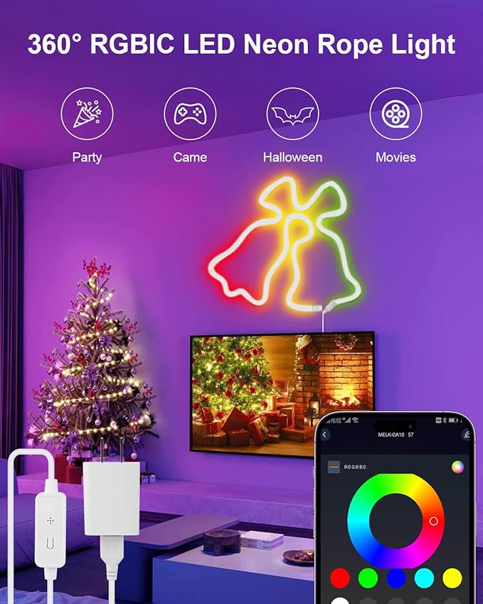 LED Neon Rope Lights, 16.4ft RGBIC 360° Luminous 5v USB Bluetooth APP Control Music Sync IR Remote Color Changing Smart LED Strip Lights for Bedroom Gaming Party Decor