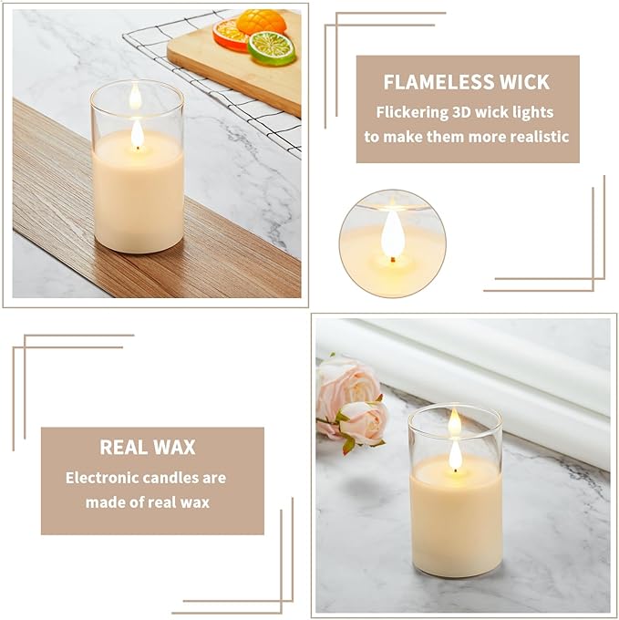 Flickering Flameless LED Candles, Battery Operated with 3D Wick, Last 1000+ Hours, Remote & Timer, Rechargeable Real Wax White Glass, Home Decor /3" x 4"