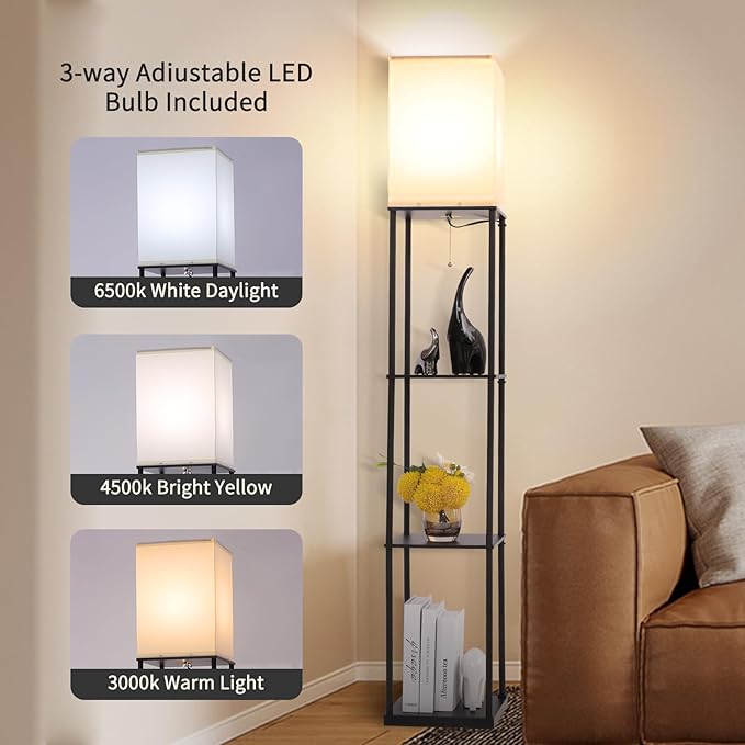 Floor Lamp with Shelves, Modern Square Standing Lamp with 3 Color Temperature Bulb, Corner Display Bookshelf Lamp for Living Room, Bedroom and Office (Black)