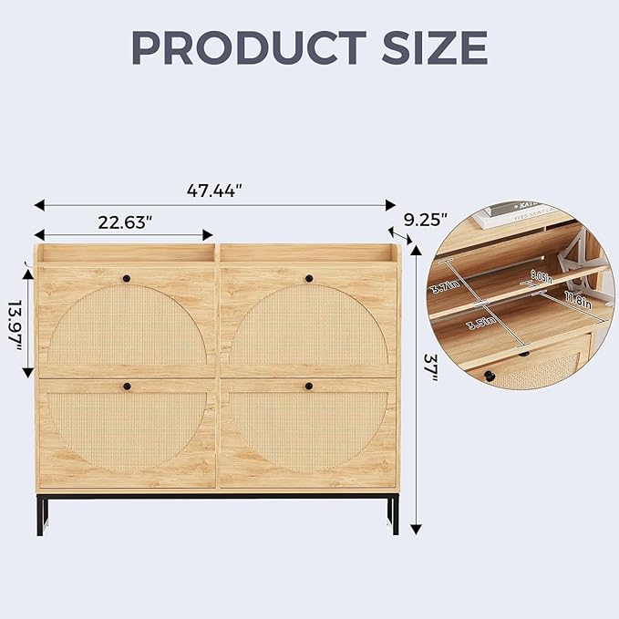 COMHOMA Shoe Storage Cabinet, Slim Rattan Shoe Cabinet Storage with Flip Drawers, Hidden Narrow Shoe Cabinet for Entryway Hallway（Natural Rattan Wood）