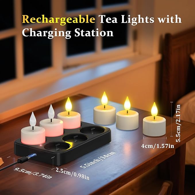 SoulBay Rechargeable Tea Lights Candles, 6pcs Flameless Flicker Candles with Remote Timer & Charging Base, Small Decorative Votive Candle for Lantern Pool Mantle Weddings Home Indoor Christmas
