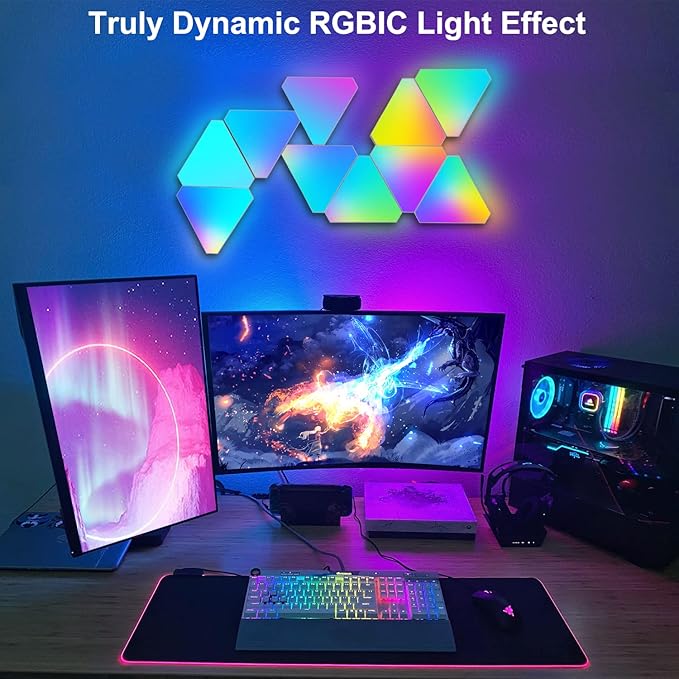 Triangle Light Panels, RGB Gaming Lights for Gaming Setup, DIY Triangle LED Wall Lights with 6 Connection Ports, APP and Remote Controlled, Music Sync for Gaming Room Bedroom Streaming, 10 Pack