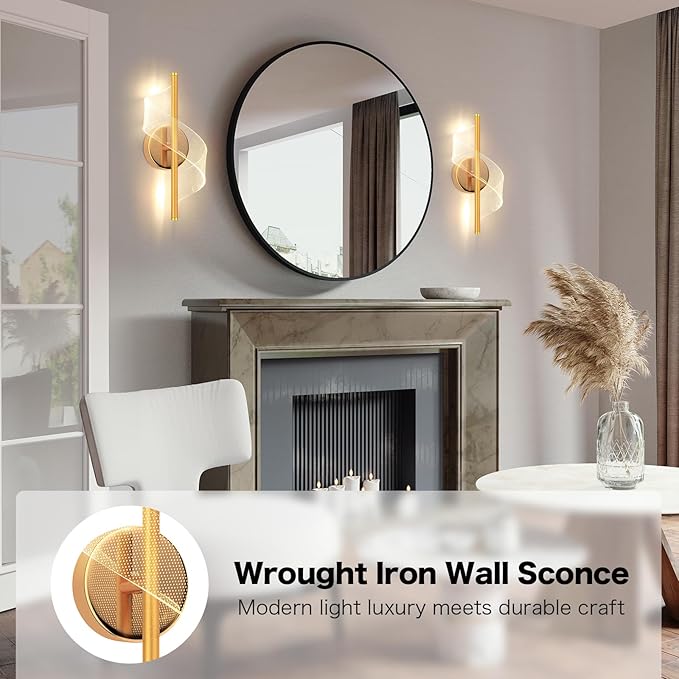 Modern LED Wall Sconce - 12" Height Spiral Wall Lamp with Acrylic Shade - 3000K 4000K 6000K Indoor Hardwired Wall Fixture for Bedroom Living Room Hallway Corridor (Gold 1pack)