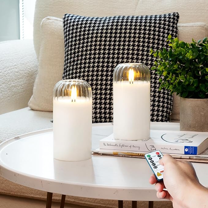 Homemory Glass Flameless Candles, Battery Operated Plliar Candles Realistic Flickering, LED Electric Light with Remote and Timer for Home, Christmas Decoration, White, Set of 2