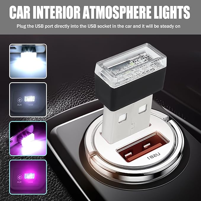 4 PCS USB LED Car Interior Atmosphere Lamp, Portable Mini Auto LED Decor Night Light, Plug-in USB Interface Ambient Lighting Kit, Universal Car Interior Accessories(White+Purple)