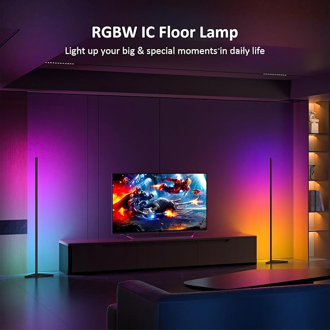 MIHEAL 2PCS Black Corner Floor Lamp, Synced Lights LED Control Floor Lamp RGB Light 56" Smart LED Corner Lamp App and Remote for Living Room Gaming Bedroom and Etc