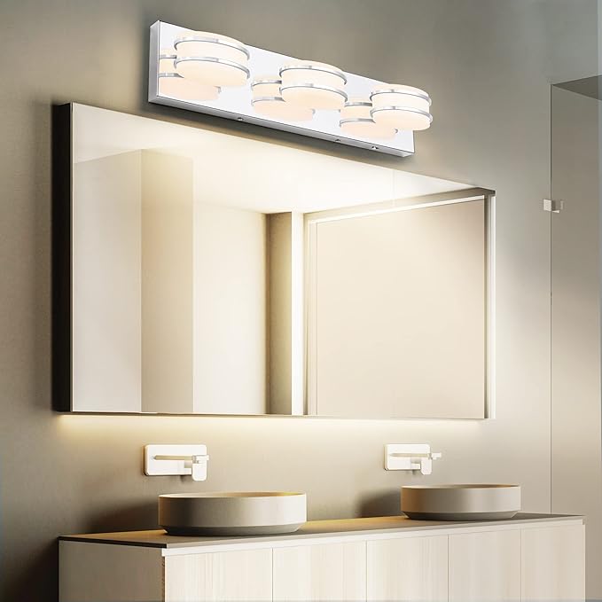 3 Color Temperature Dimmable Bathroom Light Fixtures Over Mirror, LED Chrome 3 Light Vanity Lighting Fixtures, Acrylic Stainless Steel Oval Shade Vanity Lights for Bathroom, ETL Certificated