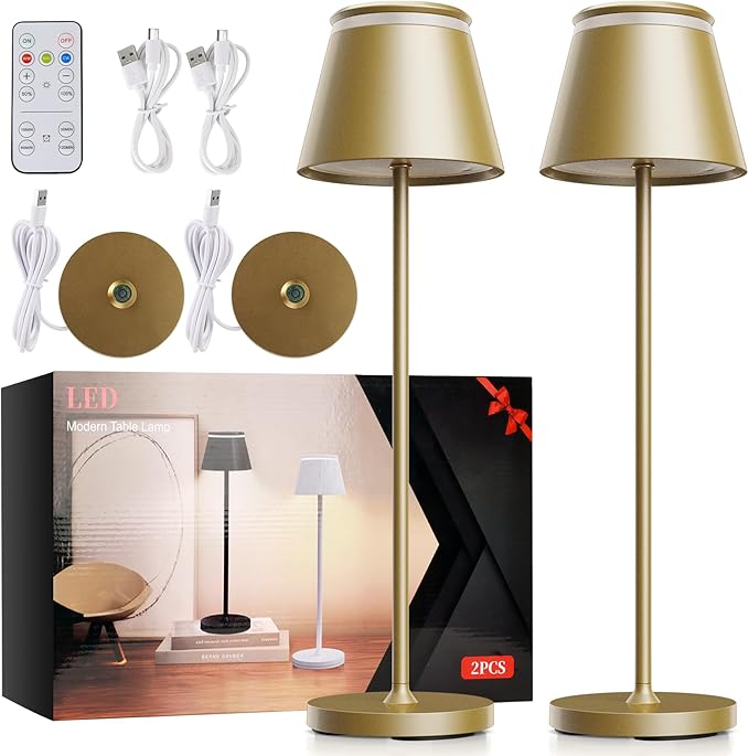Cordless Table Lamp Set of 2 with Portable USB Rechargeable Dock, LED Wireless Touch Desk Lamps with Remote, 3 Color Stepless Dimmable, for Bedroom Night Lights Dining Outdoor Patio Restaurant