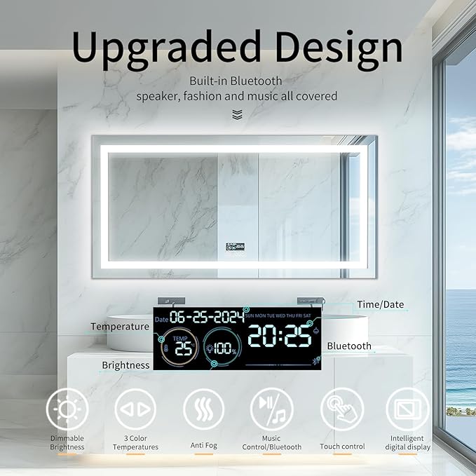 LUVODI Smart LED Bathroom Mirror: 71”x32”Large Wall Mounted Vanity Mirror with Bluetooth Speaker and Time Temperature Display - Dimmable Lighted Modern Makeup Mirror with Front&Back Lit Anti Fog