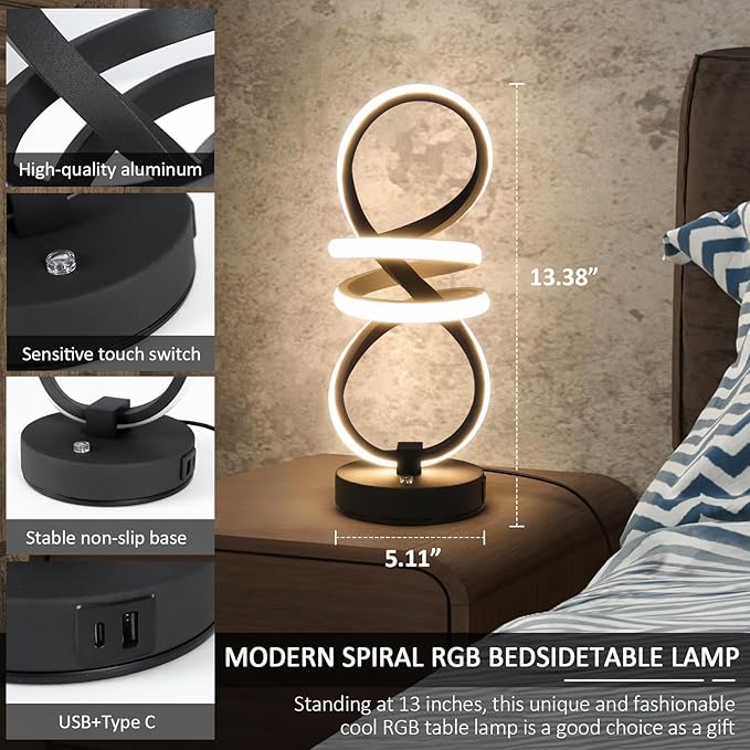 Modern LED Table Lamp, Spiral RGB Table Lamp, Touch Dimmable LED Nightstand Lamp with USB/Type C, 7 Colors & 10 Light Modes Bedside Lamp for Bedroom, Living Room, Cool Lamps for Ideal Gift(2 PACK)