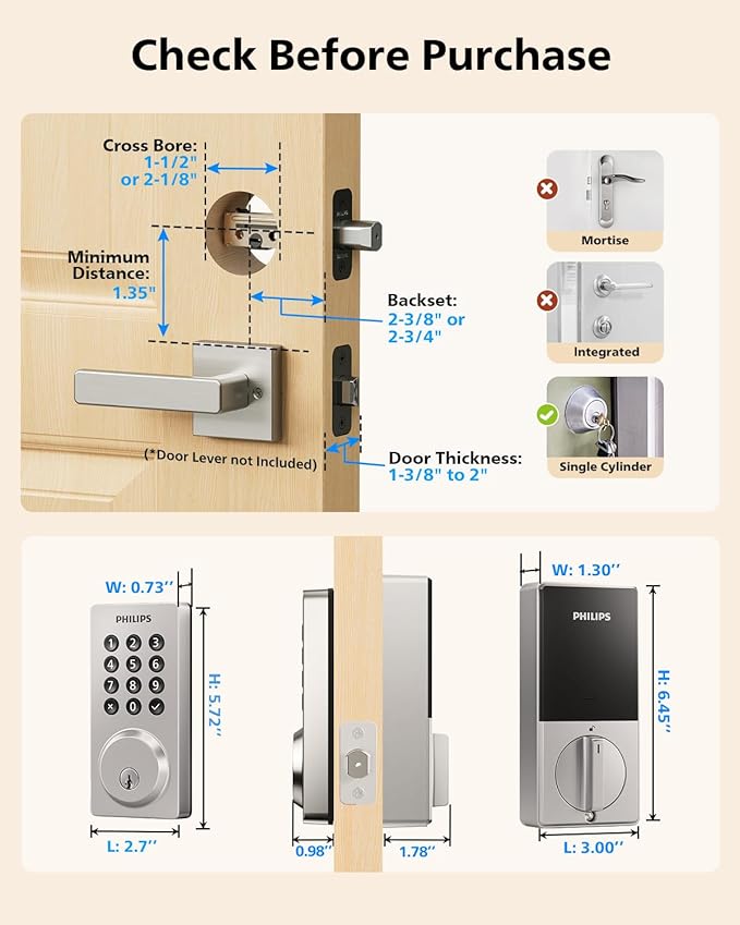 Philips WiFi Smart Keypad Deadbolt Lock, App Remote Control, No Hub Required, Support Alexa & Google Assistant, Keyless Entry Door Lock with Auto Lock, Digital Smart Locks for Front Door, Satin Nickel