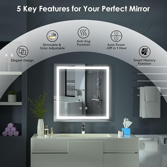 LED Lighted Bathroom Mirror with Anti-Fog, Square Wall Mounted Vanity Mirror with Smart Touch Button, Memory Function, Adjustable Warm White/Natural/Daylight Lights(24x24 inches)