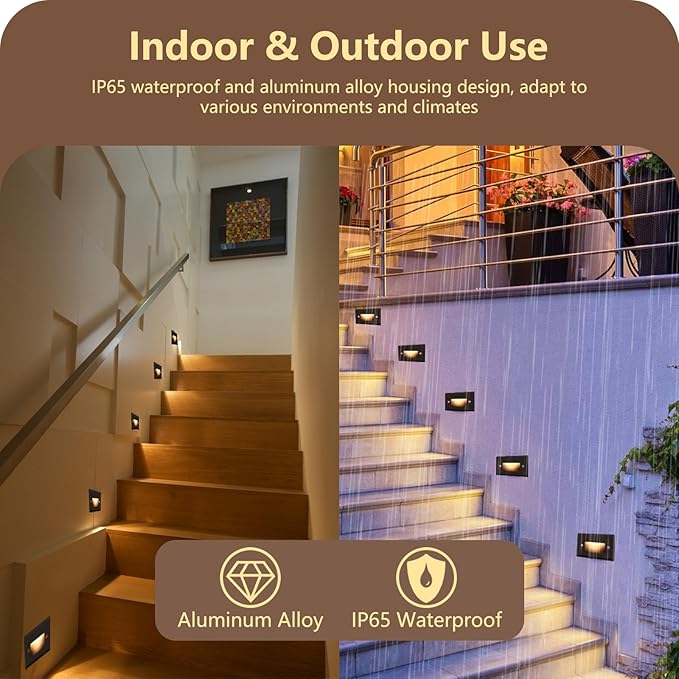 120V Dimmable 3CCT Step Lights,Stair Outdoor,Zinc Alloy/Aluminum Cover, 2.5W 150LM IP65 Waterproof LED Stair Lights, 2700K/3500K/5000K, CRI90, Beam Angle 30°, Brown 6/Pack (Brown)