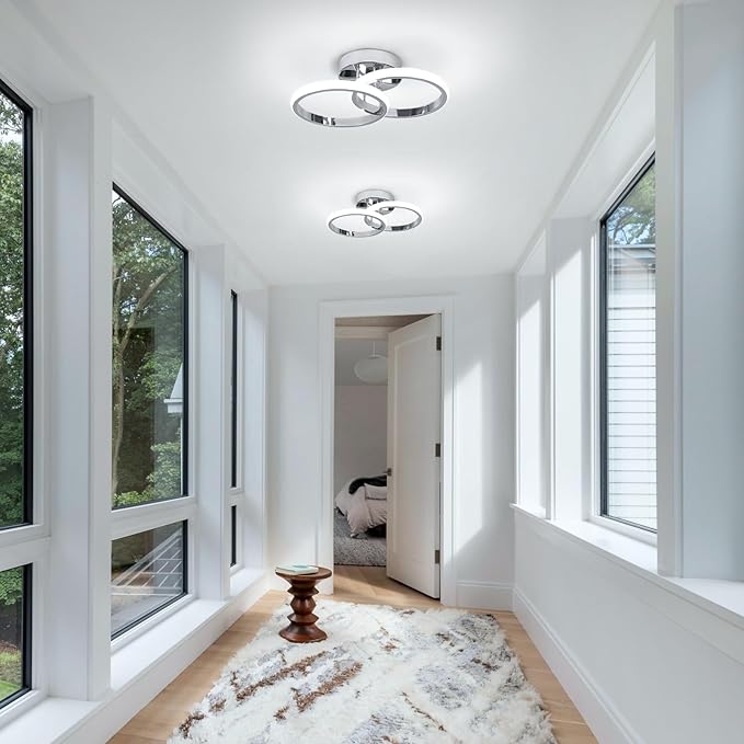 CANEOE 2 Packs Modern Led Ceiling Light Fixtures, 6000K Cool White Hallway Light Fixtures Ceiling, Bathroom Close to Ceiling Lights for Corridor Stair Aisle Lamps (Chrome, 2 Packs)
