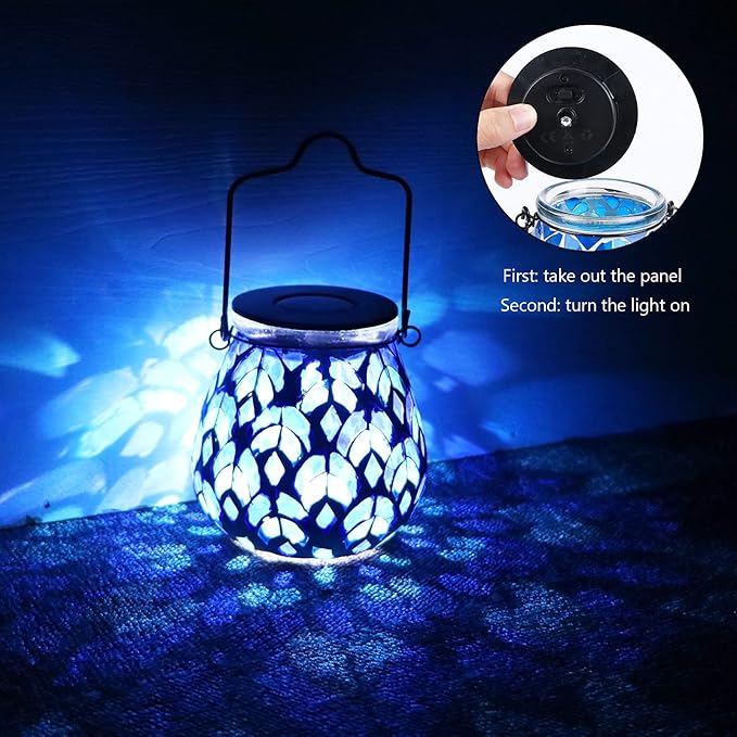 Bshine Mosaic Solar Lantern Outdoor Hanging Waterproof, Blue Mosaic Light Indoor Decorative Table, Garden Decor for Yard Outside, Path, Courtyard, Lawn, Outdoor Decor Gift for Mom
