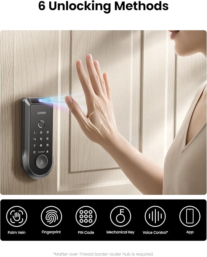 Lockin Veno Smart Deadbolt Lock with Dual Swappable Batteries for 14-Month Extended Power, Palm Vein & Fingerprint Keyless Entry, Built-in Wi-Fi, Doorbell, App Remote Control, IP65 Waterproof