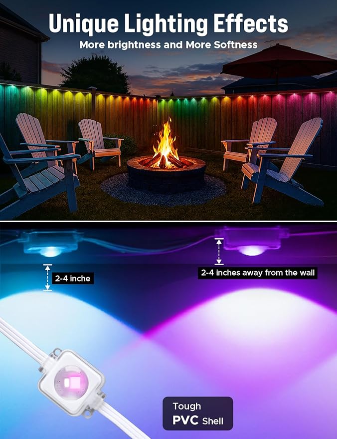 EcoNour 100 FT Smart RGB Permanent Outdoor Lights | Music Sync, Waterproof LED Eaves Lights with Extension Connector & Remote Control | Colorful RGB LED Christmas Light with Festive Lighting Effects