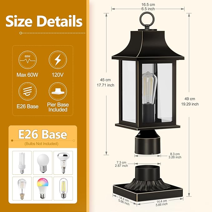 Dusk to Dawn Outdoor Post Light, 19.29″ Matte Black Lamp Post Light Fixture with Pier Mount Base, Hardwired Waterproof Aluminum Pole Light for Garden Yard Patio Driveway,2-Pack