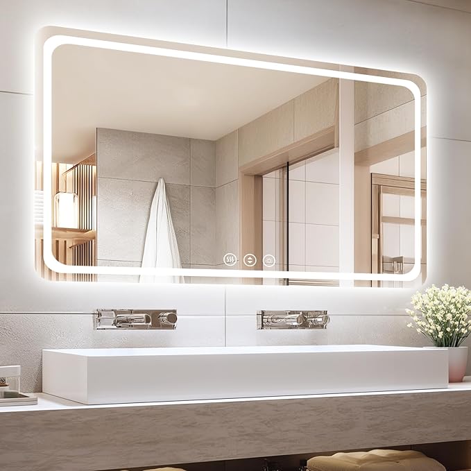55" x 36" Led Bathroom Mirror with Lights, Anti-Fog & Tri-Color Lighting - Wall Mounted Shaving Mirror with Touch Sensor, Waterproof & Smart LED Vanity Mirror,Tempered Glass, Dimmable Smart Mirror