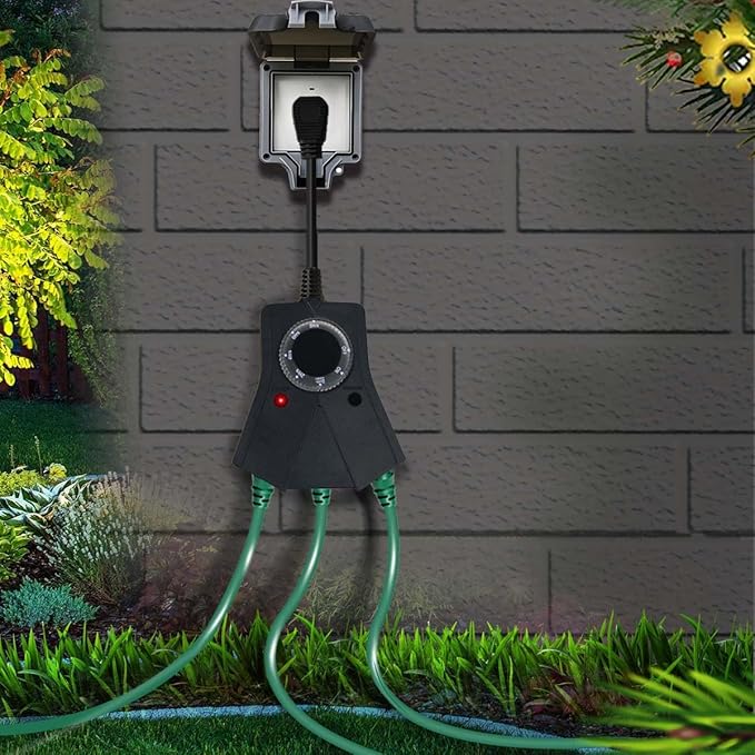Outdoor Timer, 3 Outlets,Outdoor Timer Outlet Waterproof，Photo Senson,Dusk to Dawn,Suitable for Light String and Holiday Decoration TM-053
