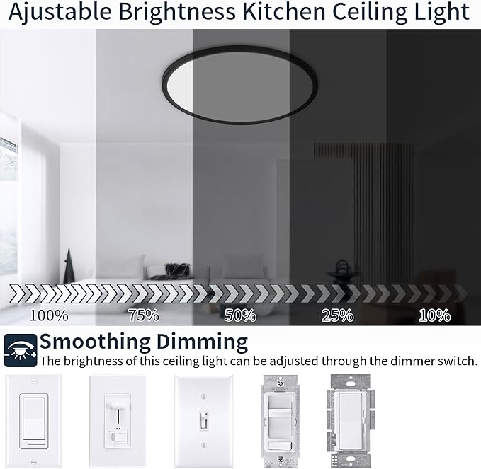 MOONSEA 24 Inch Flush Mount Ceiling Light Fixture 48W - 3000K/4500K/6000K Adjustable Round Large Kitchen Light Fixtures Ceiling 4800lm, Dimmable Light Fixtures for Bedroom, Black