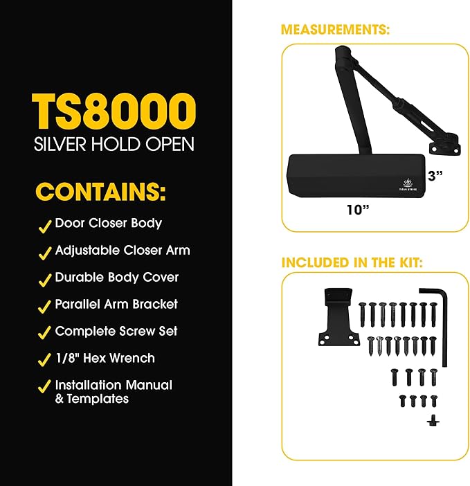 Heavy Duty Automatic Door Closer with Hold Open, Commercial Indoor/Outdoor Adjustable Door Closure, ANSI Grade 1, UL Certified, ADA Compliant, (44-330lb, 30-60in) – Black