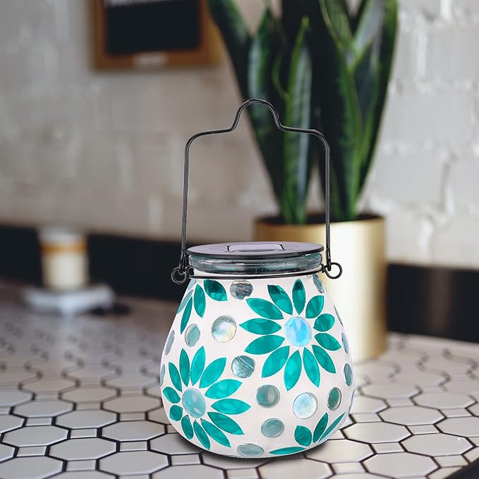 Bshine Mosaic Solar Lantern Outdoor Hanging Waterproof, Flower Mosaic Light Indoor Decorative Table, Garden Decor for Yard Outside, Path, Courtyard, Lawn, Birthday Gift for Mom Women Gardening