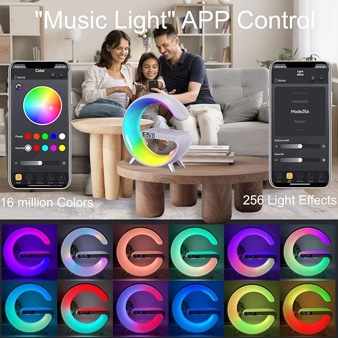Table Lamp with Wireless Charger, Atmosphere Lamp with White Noise, Smart Light Sound Machine, Bluetooth Speaker with Alarm Clock, App Control Night Light Lamp for Bedroom【Large G ‎NH-69】