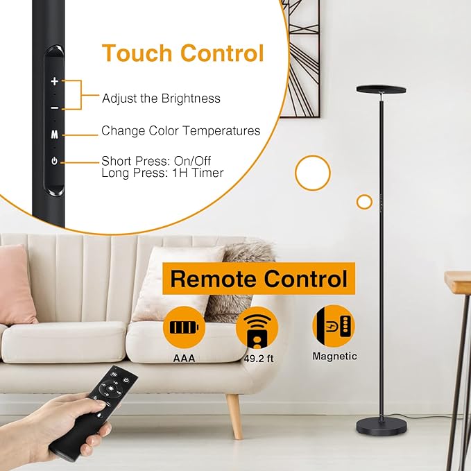 OUTON Floor Lamp, 30W/3000LM LED Modern Torchiere Sky Lamp, Super Bright Dimmable Standing Tall Lamp with 4 Color Temperatures, Remote Touch Control, 1 Hour Timer for Living Room Bedroom Office, Black