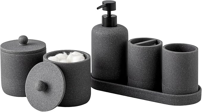 Bathroom Accessories Set, 6 PCS Modern Bathroom Accessory Set with 15 OZ Soap Dispenser, Toothbrush Holder, Vanity Tray, Tumbler, 2 PCS Qtip Holders (Grey)